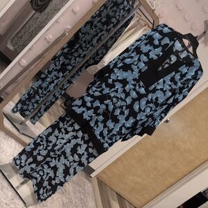 BCBGMaxAzria Black and Blue Leaf Print Jumpsuit